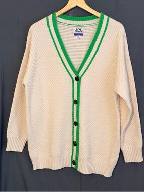 Future Collective Cream Cardigan with Green Contrast Trim